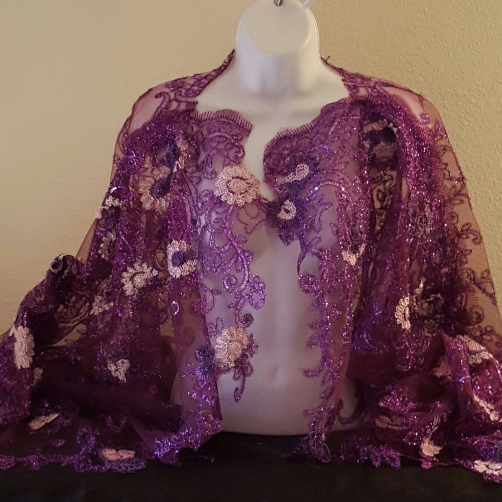 New Purple Embroidered Floral Tulle Lace Top Shrug